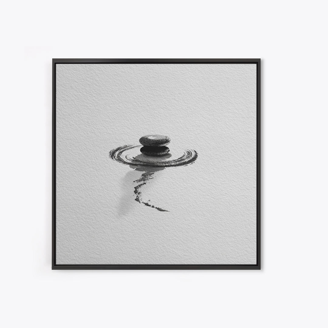 Minimalist Zen Stones Water Ripple Framed Canvas Print Black And White Wall Art Calming Bathroom Decor Modern Spa Wall Art