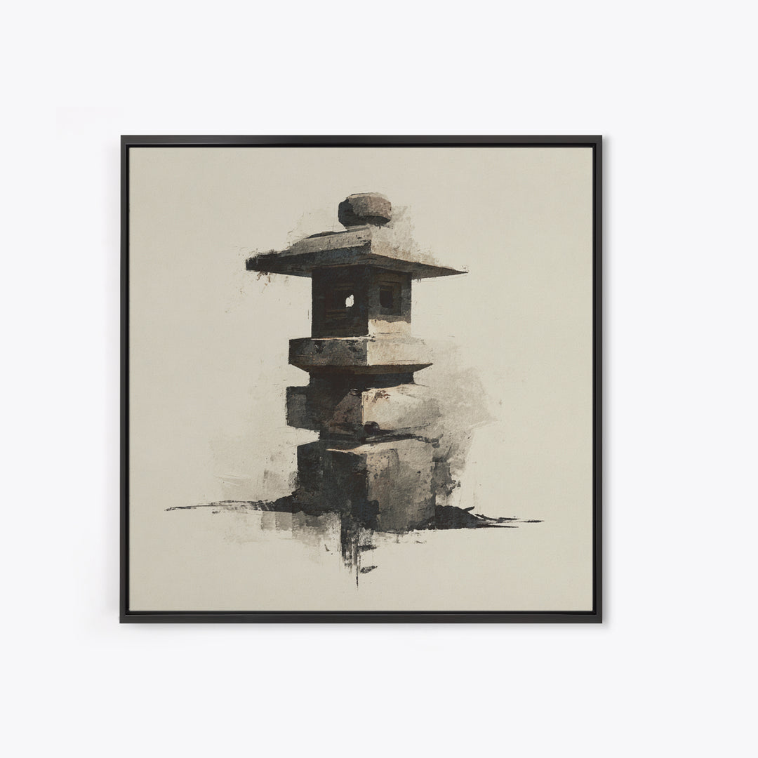 Minimal Japanese Stone Lantern Wall Art, Ink Style Zen Painting, Wabi Sabi Neutral Print For Japandi Home Decor And Entryway