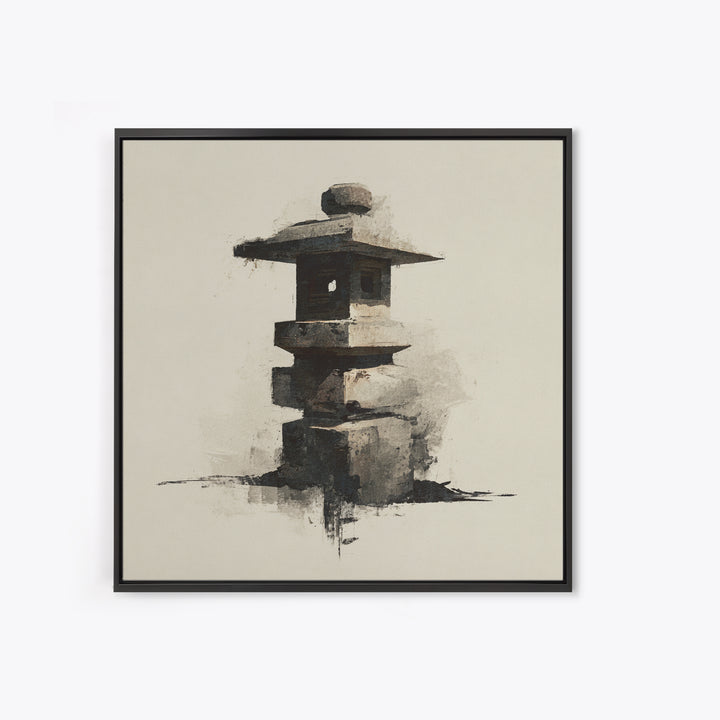 Minimal Japanese Stone Lantern Wall Art, Ink Style Zen Painting, Wabi Sabi Neutral Print For Japandi Home Decor And Entryway