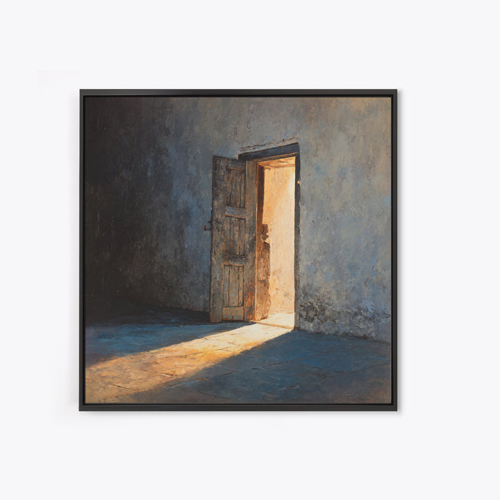 Sunlit Open Door Textured Wall Art Framed Canvas Print, Minimalist Rustic Decor, Moody Wall Art For Entryway Or Living Room