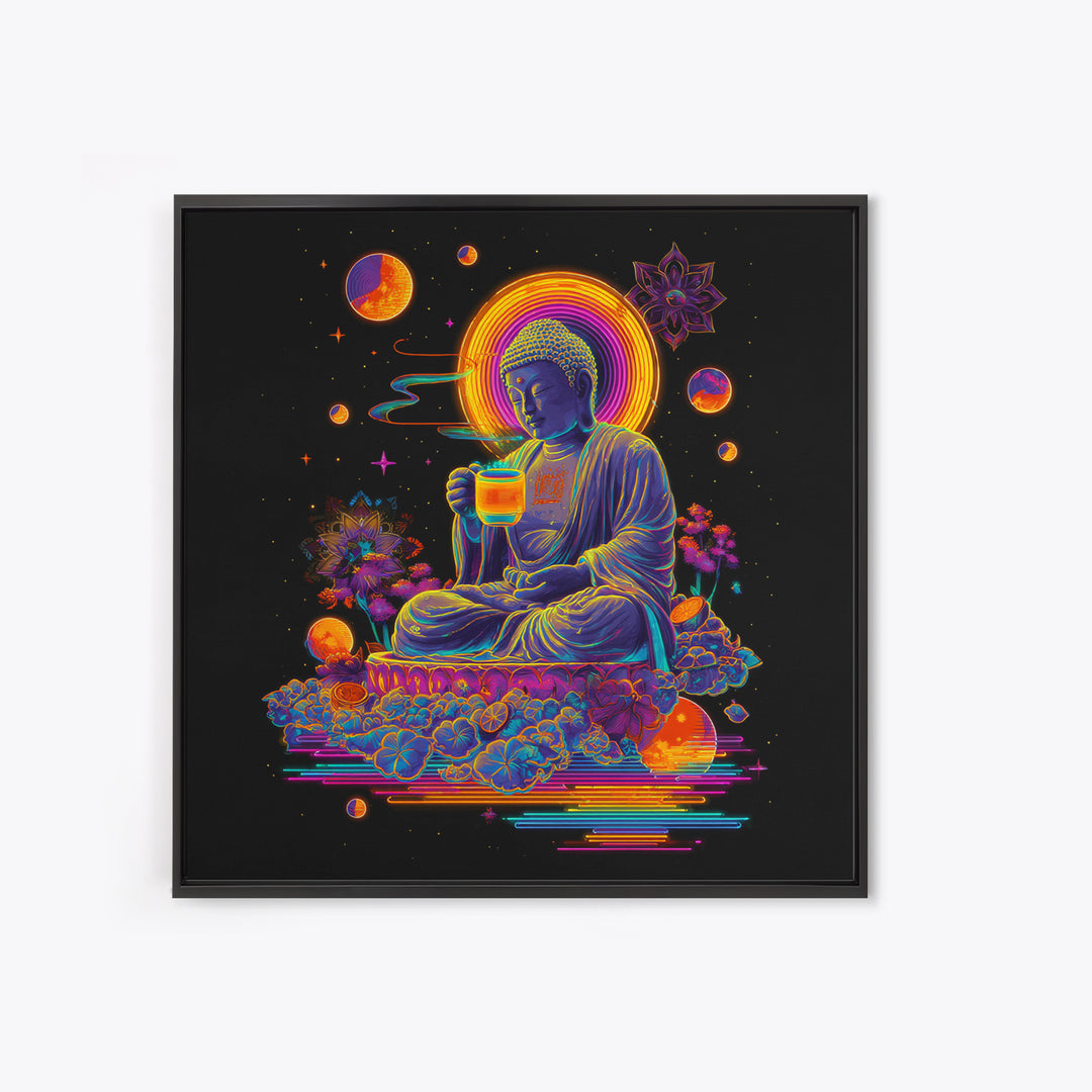 Colorful Neon Buddha With Celestial Elements Wall Art Canvas Print Spiritual Modern Home Decor Gift