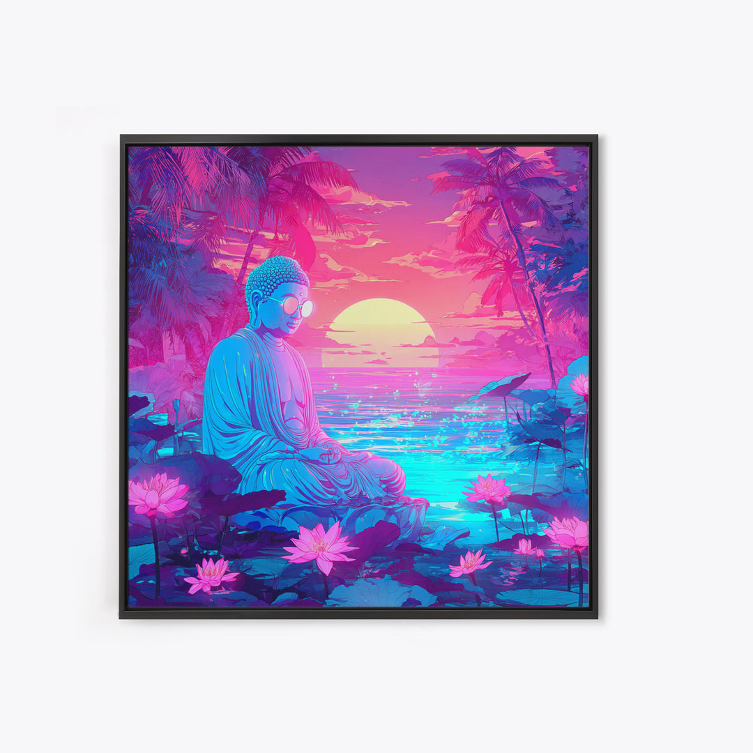 Neon Buddha Meditating By Futuristic Ocean Sunset Wall Art, Psychedelic Zen Lotus Canvas Print
