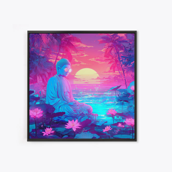 Neon Buddha Meditating By Futuristic Ocean Sunset Wall Art, Psychedelic Zen Lotus Canvas Print