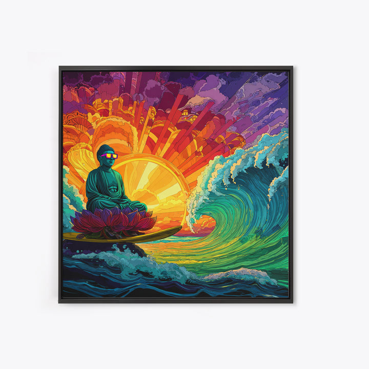Psychedelic Surfing Buddha In Neon Sunset Waves Wall Art, Trippy Spiritual Canvas Print, Modern Boho Home Decor