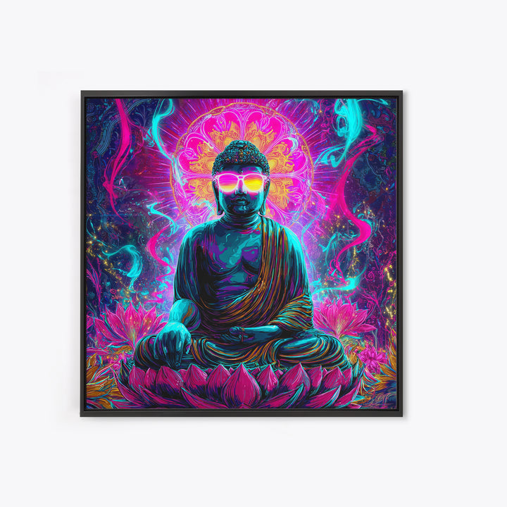 Neon Psychedelic Buddha Sitting On Lotus Flower Spiritual Wall Art Canvas Print Bright Vibrant Home Decor
