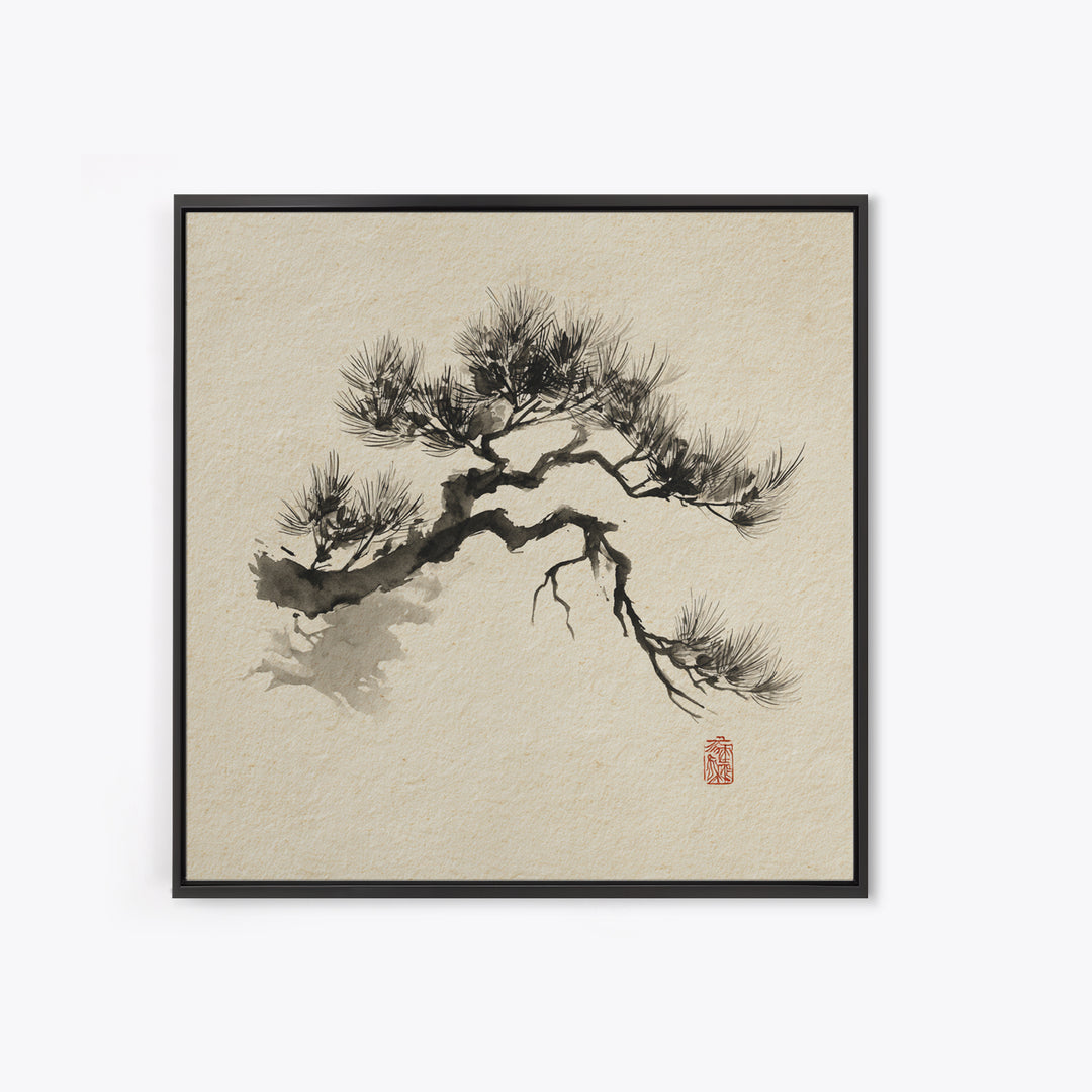 Japanese Ink Pine Tree Wall Art, Minimal Sumi E Landscape Framed Canvas Print, Wabi Sabi Zen Decor For Calm Modern Home Or Office