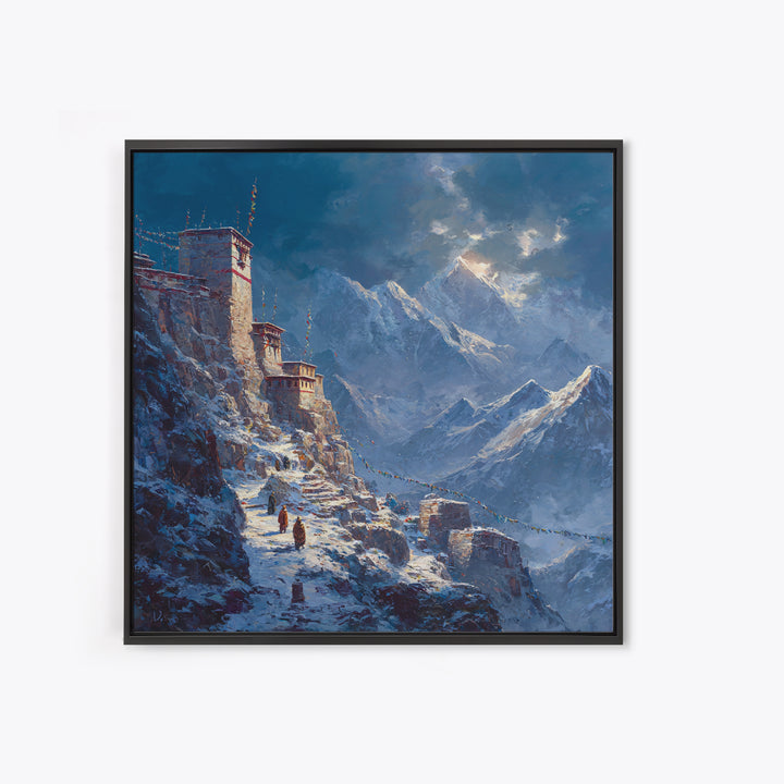 Himalayan Monastery Mountain Snow Wall Art, Dramatic Winter Landscape Canvas Print, Moody Travel Home Decor