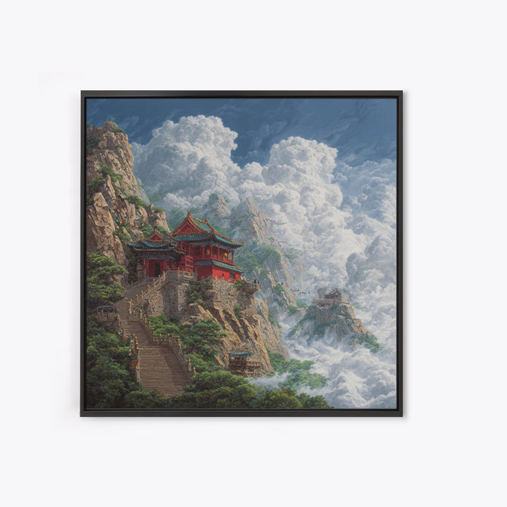 Temple Above The Clouds Fantasy Mountain Landscape Wall Art, Asian Inspired Nature Home Decor, Large Canvas Print