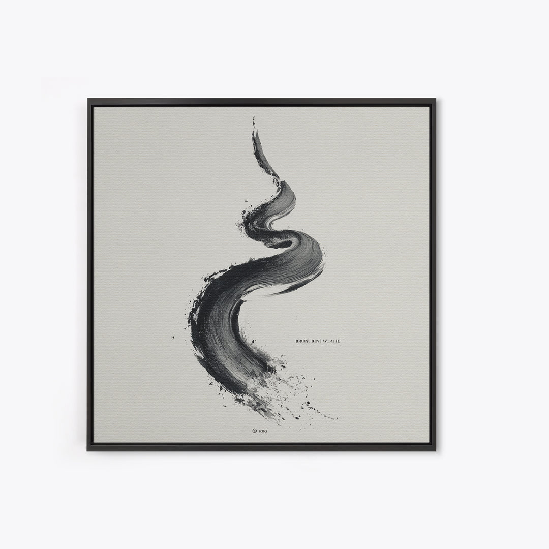 Minimal Black Ink Brushstroke Abstract Wall Art, Modern Zen Line Framed Canvas Print, Monochrome Contemporary Decor