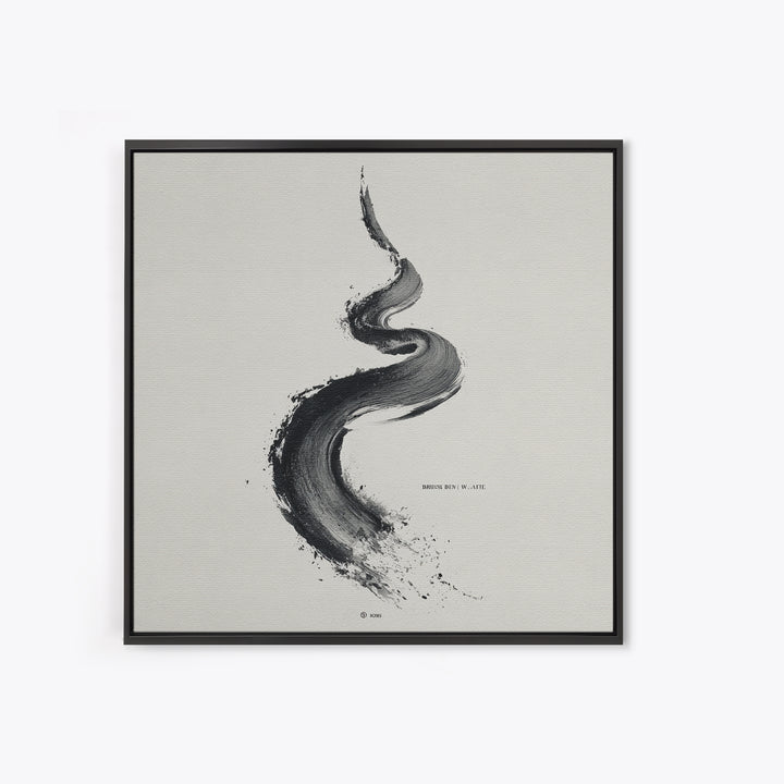 Minimal Black Ink Brushstroke Abstract Wall Art, Modern Zen Line Framed Canvas Print, Monochrome Contemporary Decor