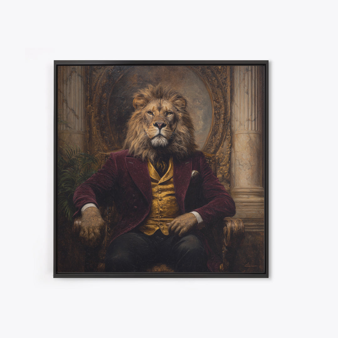 Majestic Lion In Burgundy Suit Framed Canvas Print, Victorian Animal Portrait, Dark Academia Office Decor, Luxury Wall Decor