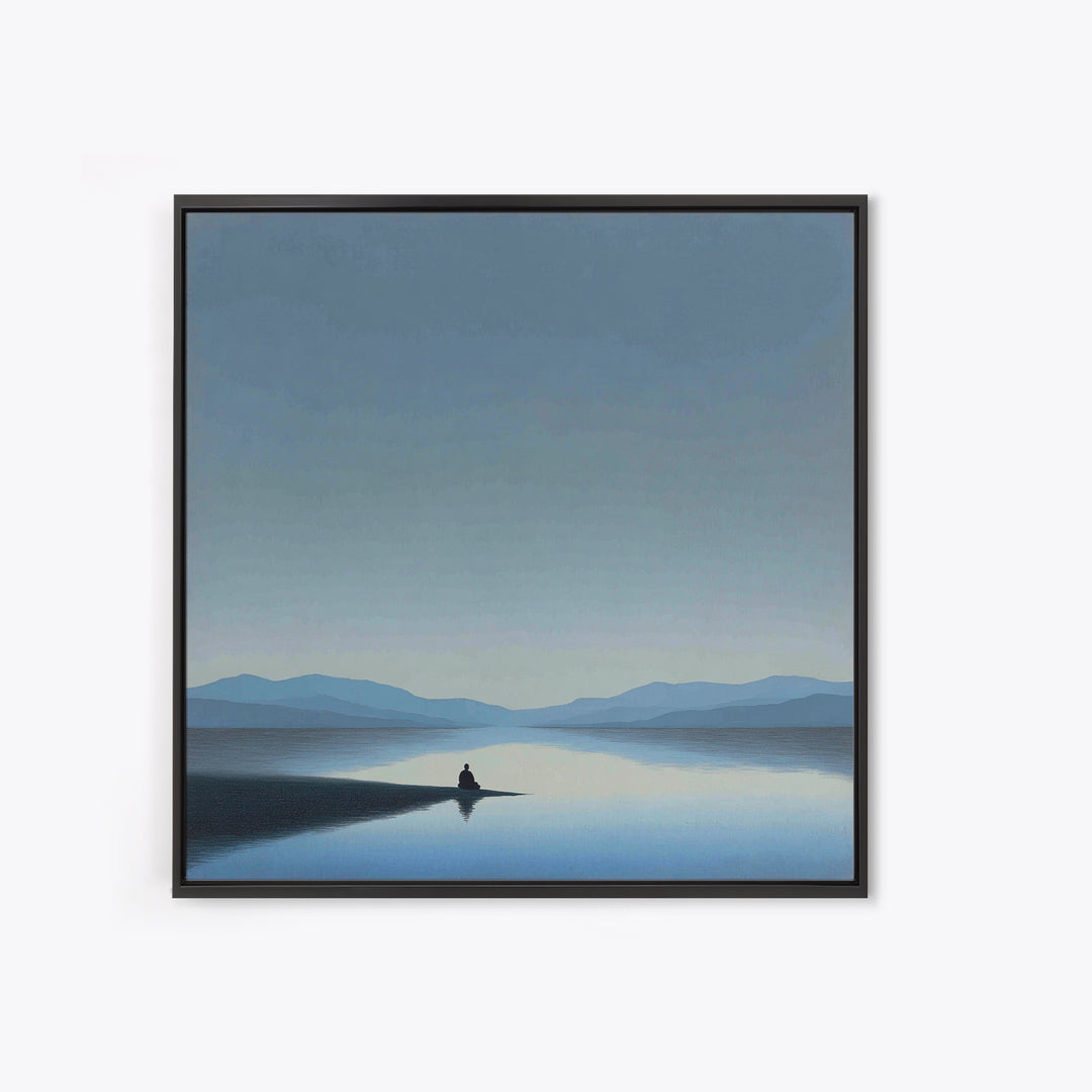Minimalist Lake Meditation Landscape Wall Art, Calming Blue Mountains Canvas Print, Modern Living Room Decor Artwork
