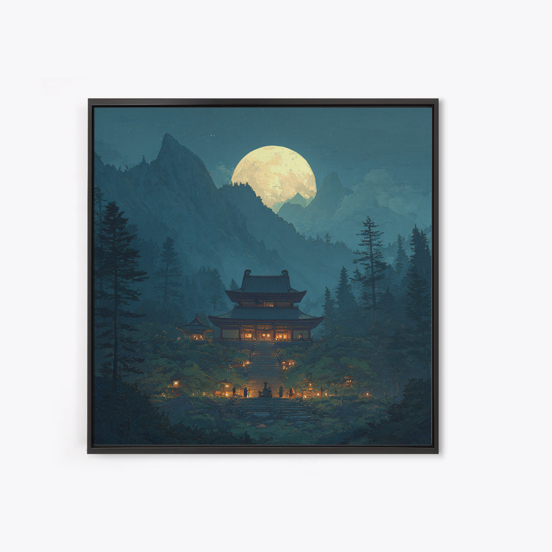 Moonlit Mountain Temple Landscape Wall Art Large Framed Canvas Print For Zen Meditation Room And Mystical Home Decor