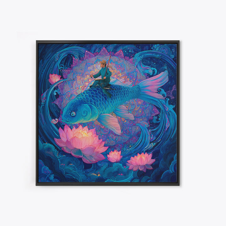 Surreal Fisherman Riding Koi Fantasy Art Wall Art, Celestial Mandala Canvas Print, Mystical Ocean Decor Whimsical Illustration