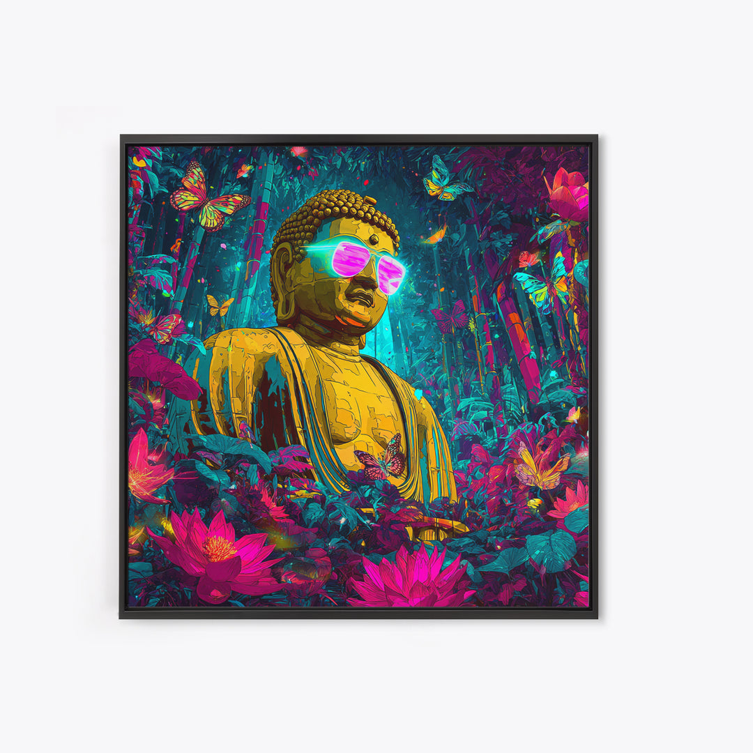 Neon Jungle Buddha With Butterflies Wall Art, Psychedelic Spiritual Canvas Print, Colorful Boho Home Decor