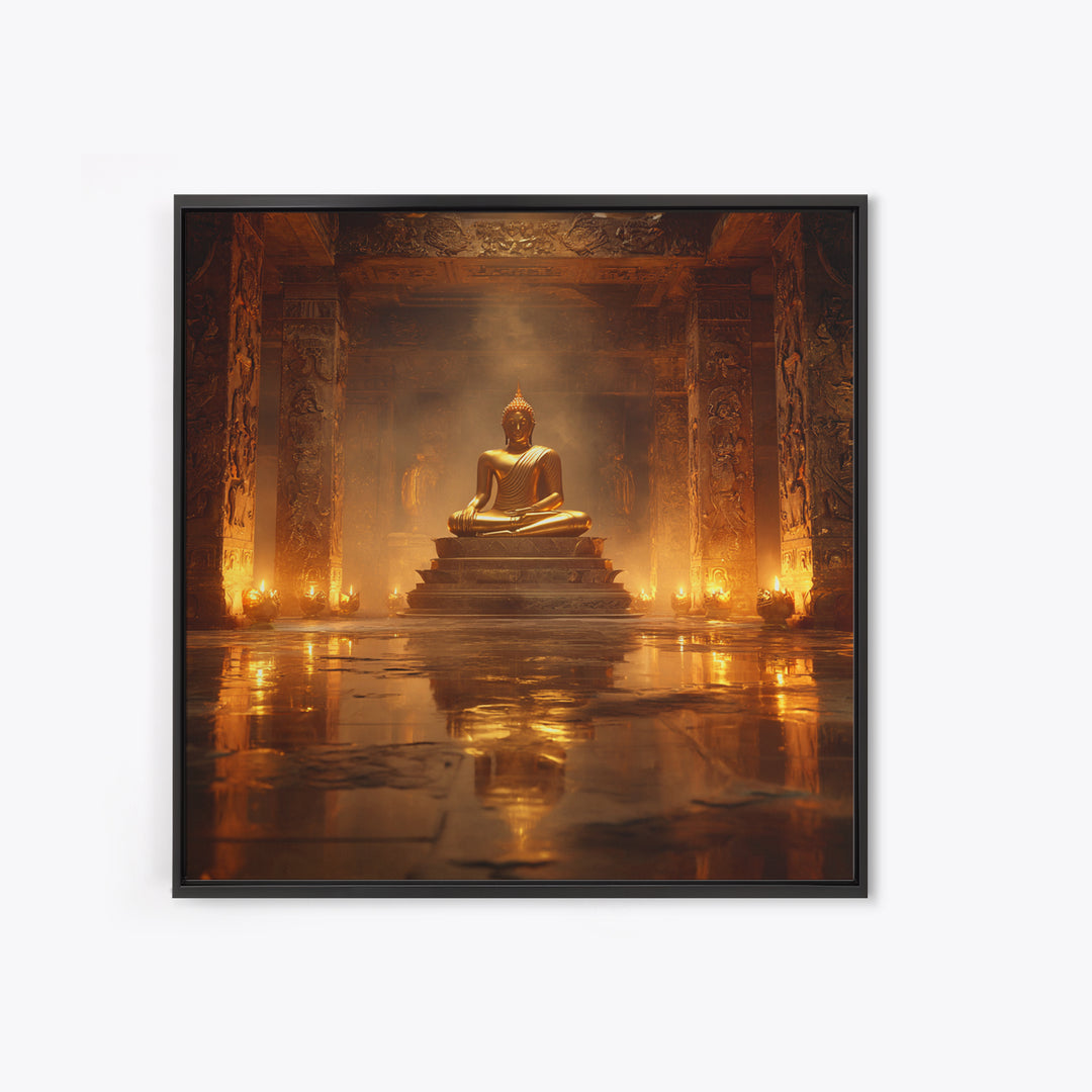 Golden Buddha Temple Wall Art, Serene Zen Statue Framed Canvas Print, Meditation Room Decor, Spiritual Asian Inspired Home Decor