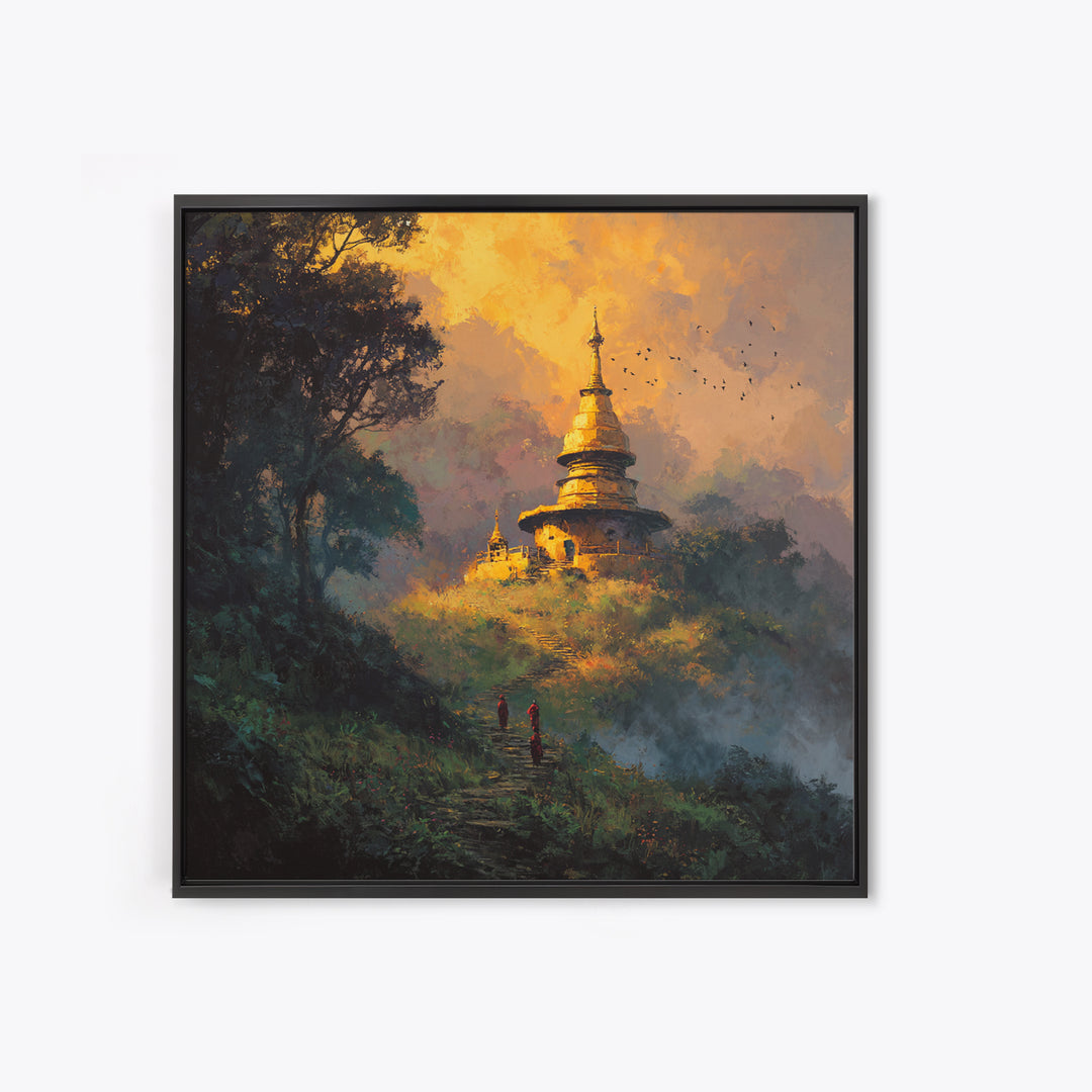 Golden Temple On Hill With Monks Walking Misty Path Wall Art Framed Canvas Print For Spiritual Home Decor