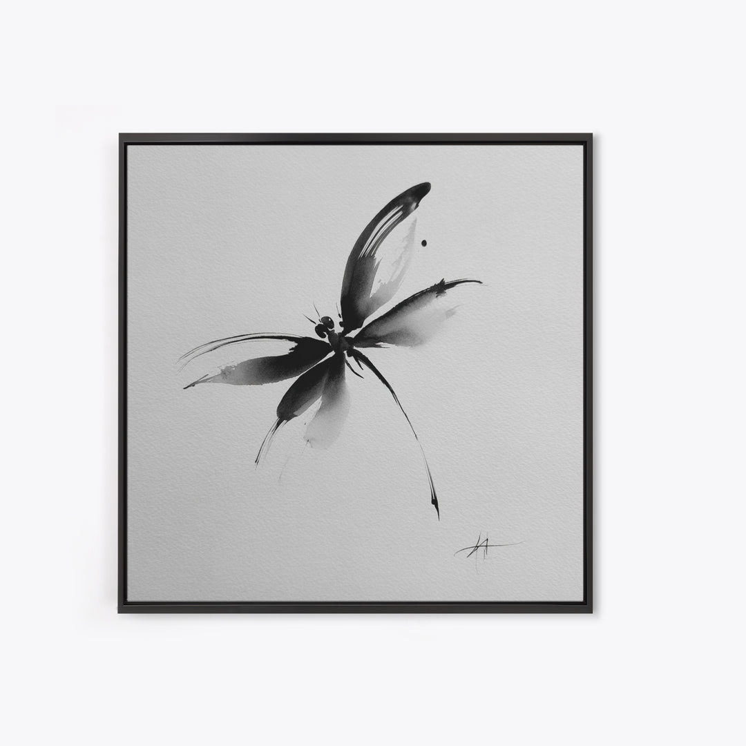 Black And White Ink Butterfly Minimalist Wall Art, Modern Abstract Brushstroke Print, Elegant Monochrome Framed Canvas