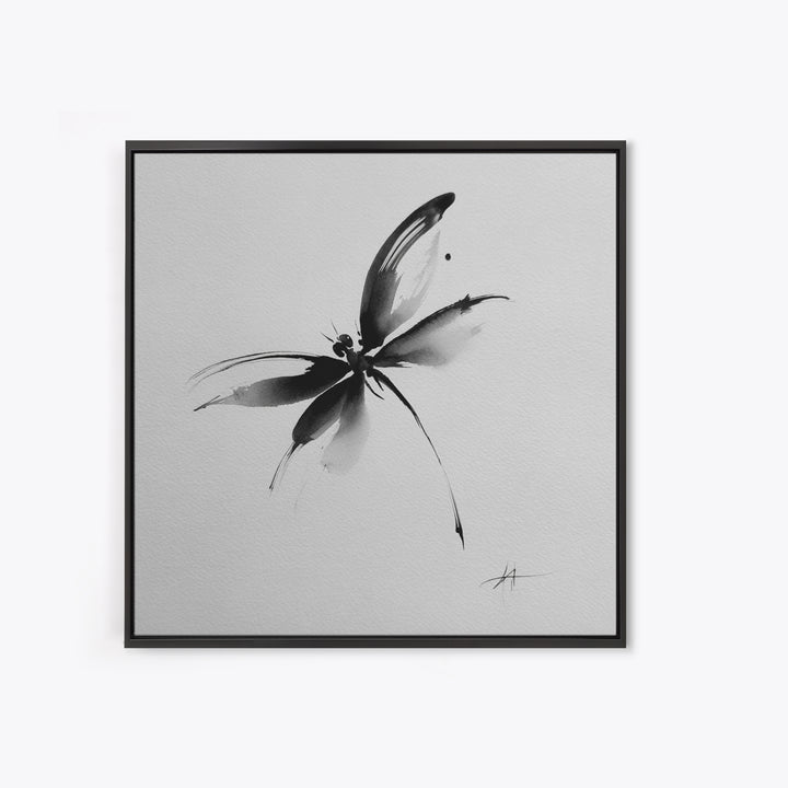 Black And White Ink Butterfly Minimalist Wall Art, Modern Abstract Brushstroke Print, Elegant Monochrome Framed Canvas