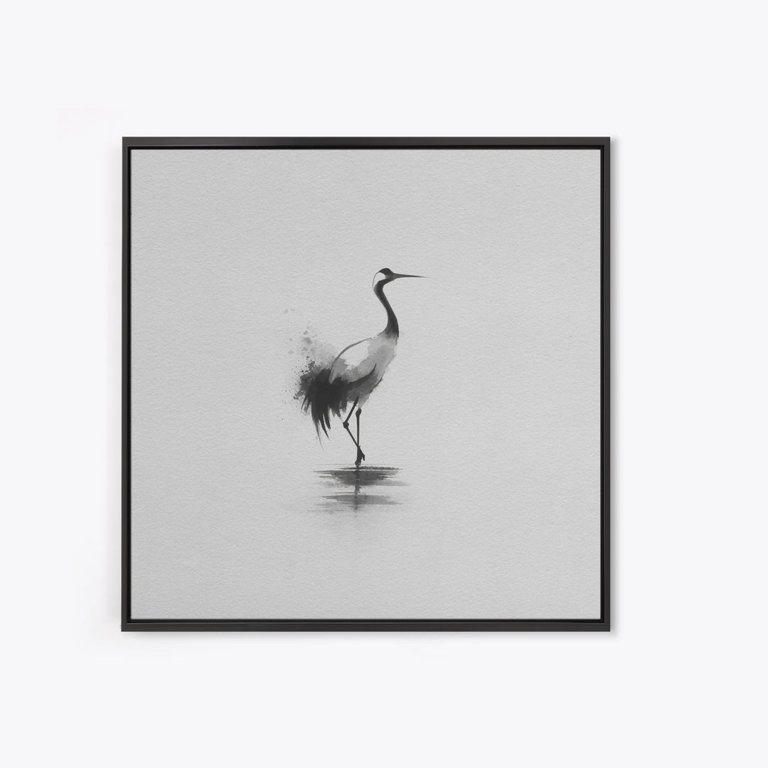Minimal Japanese Crane Ink Wall Art, Black And White Bird Painting Canvas Print, Zen Nature Decor For Modern Home