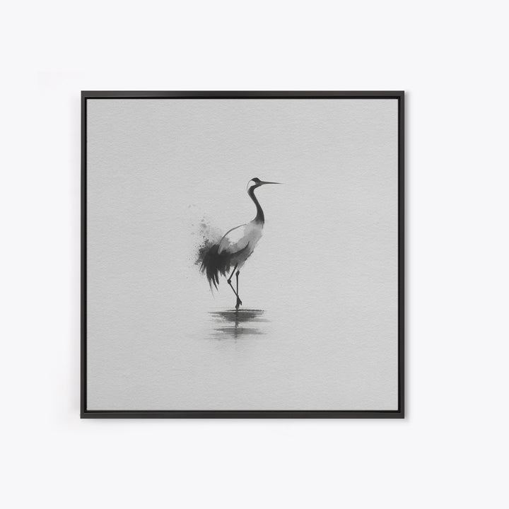 Minimal Japanese Crane Ink Wall Art, Black And White Bird Painting Canvas Print, Zen Nature Decor For Modern Home