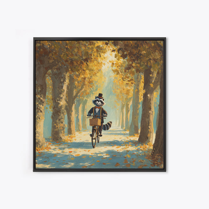 Whimsical Raccoon Riding Bicycle Wall Art, Cozy Autumn Woodland Animal Painting, Storybook Nursery Decor, Cute Kids Room Art