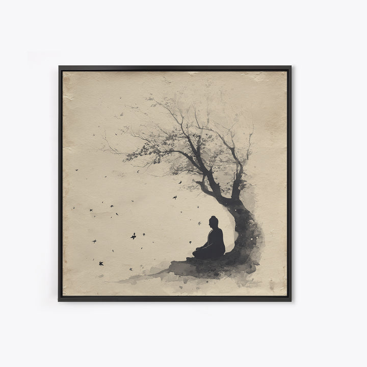 Calm Minimalist Ink Style Buddha Silhouette Under Tree Tranquil Wall Art Canvas Print Meditation Room Décor