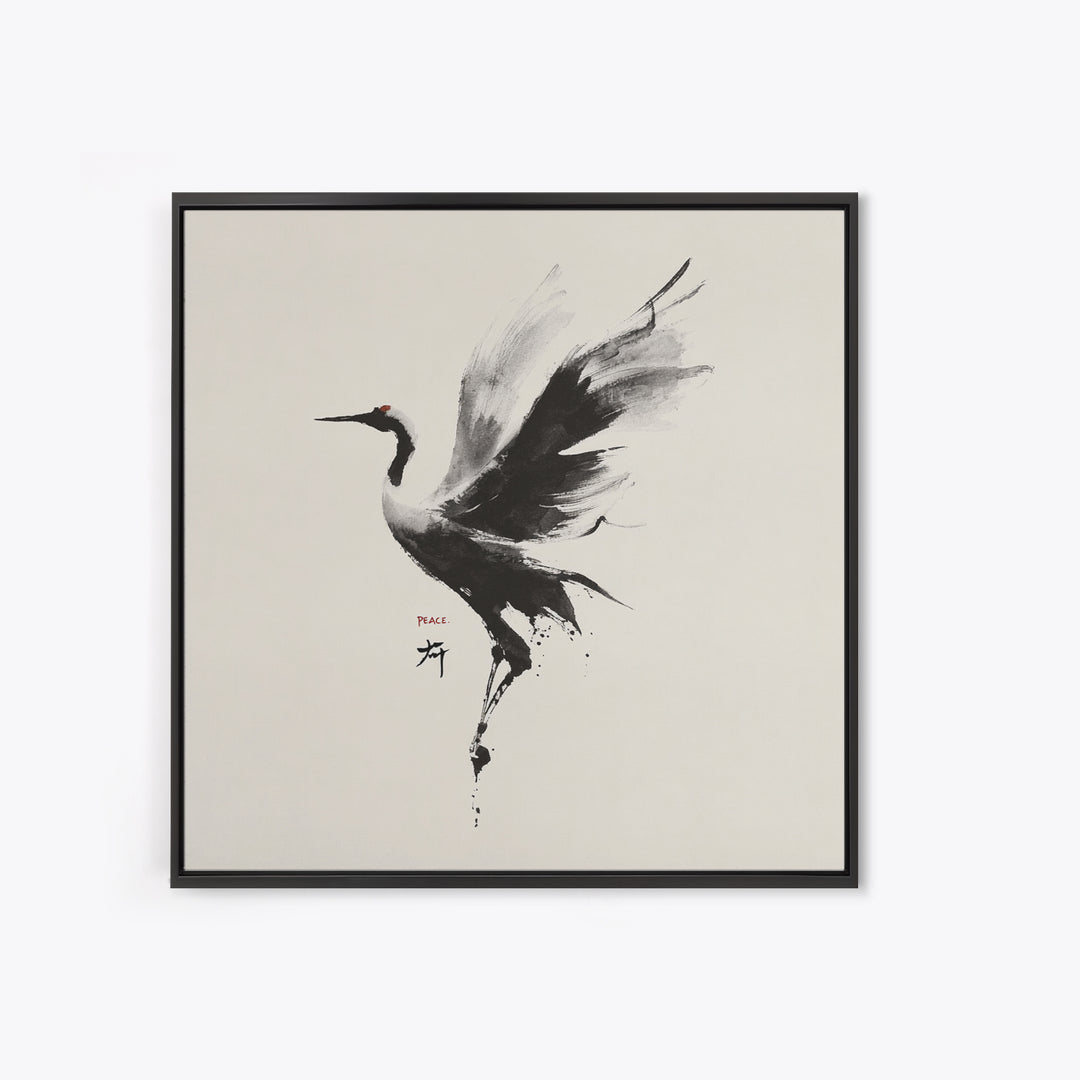 Japanese Ink Crane Bird Wall Art, Minimal Black And White Animal Canvas Print, Zen Japandi Home Decor