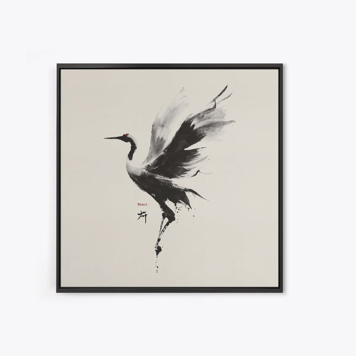 Japanese Ink Crane Bird Wall Art, Minimal Black And White Animal Canvas Print, Zen Japandi Home Decor