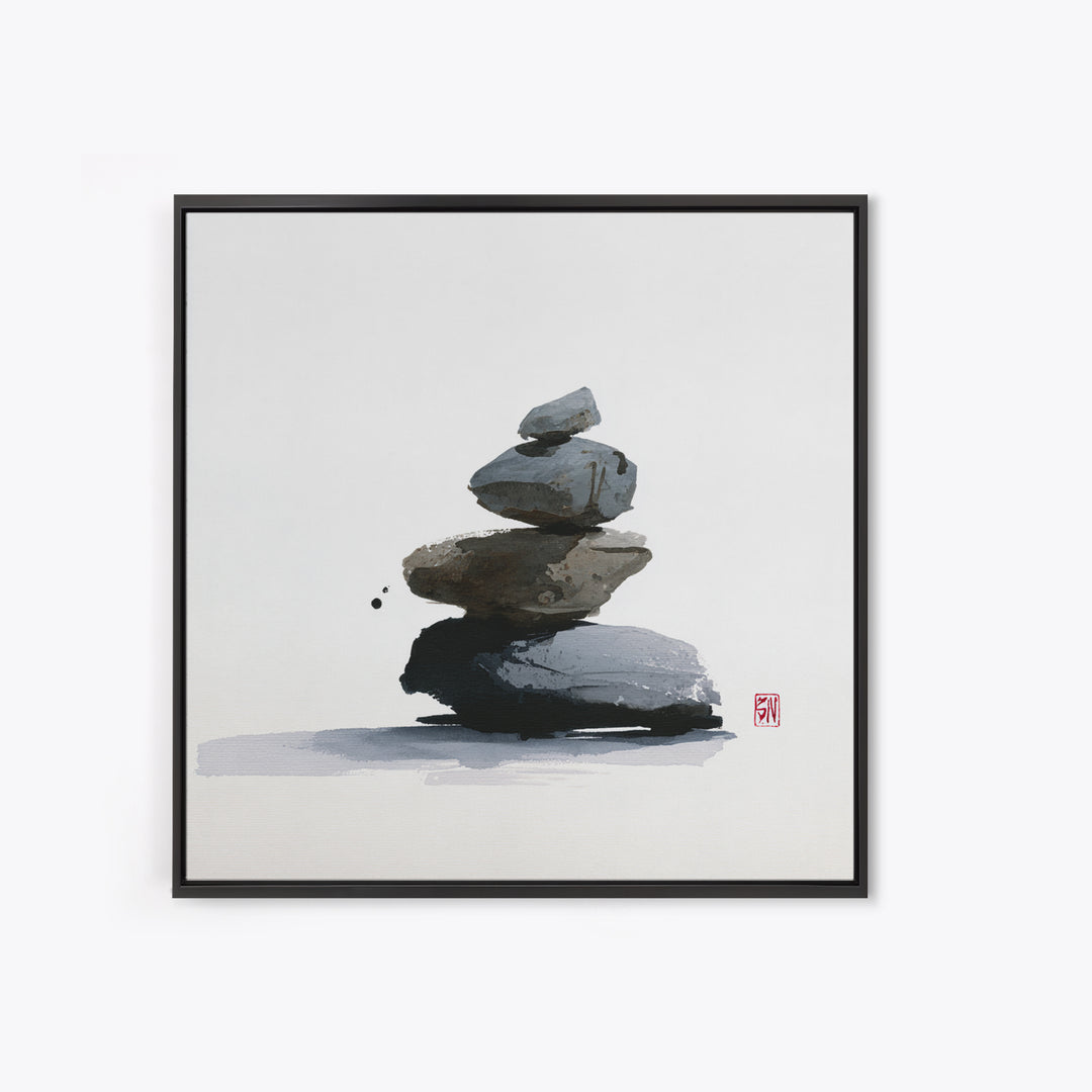 Minimal Zen Rock Stack Wall Art, Japanese Ink Stone Balance Canvas Print, Calm Japandi Home Decor