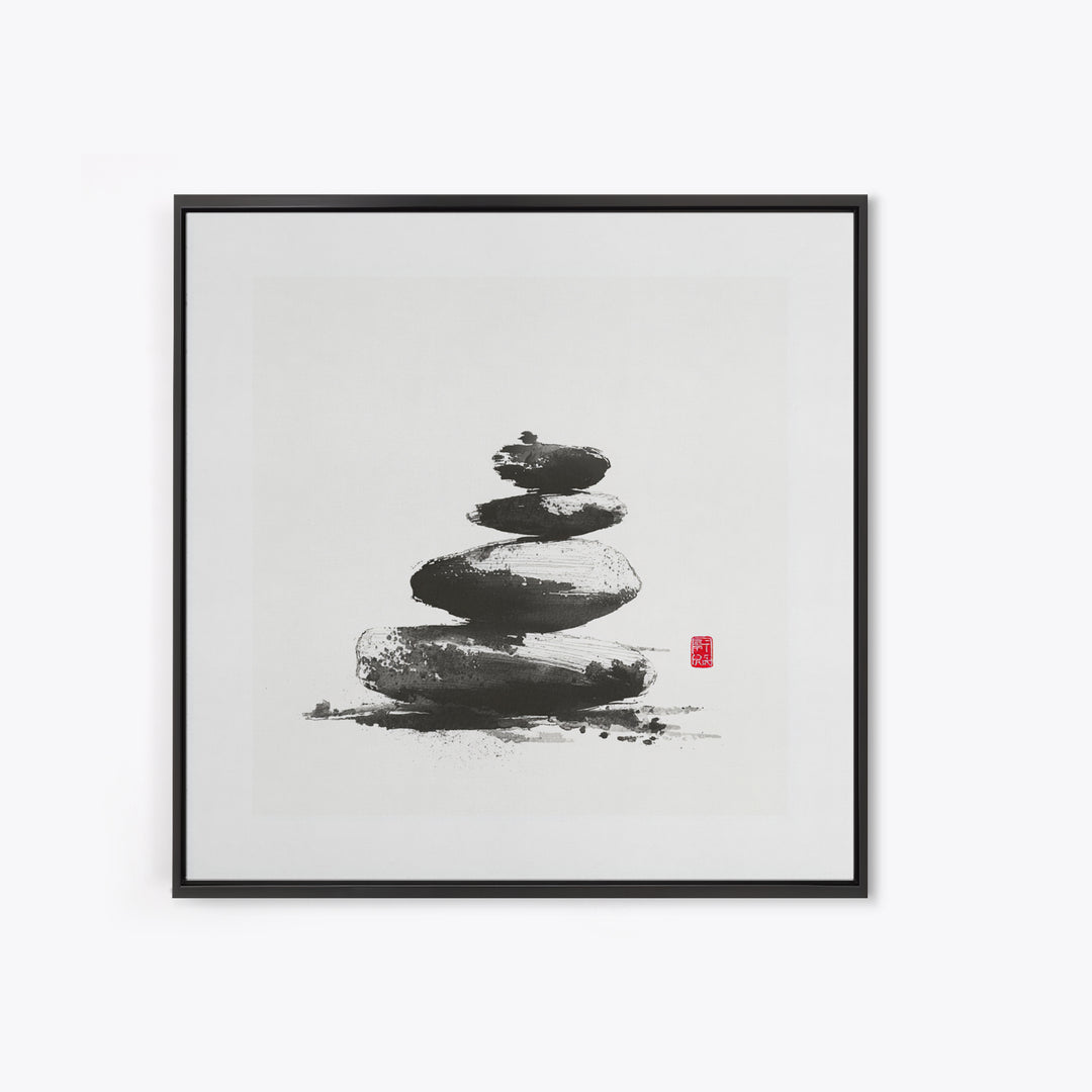 Zen Stone Stack Wall Art, Minimal Japanese Ink Rock Painting Canvas Print, Calming Spa Bathroom And Yoga Decor
