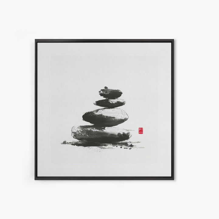 Zen Stone Stack Wall Art, Minimal Japanese Ink Rock Painting Canvas Print, Calming Spa Bathroom And Yoga Decor