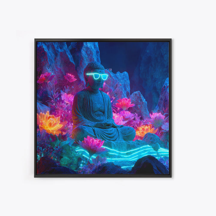 Neon Buddha Lotus Garden Canvas Print, Glowing Meditation Wall Art, Psychedelic Spiritual Decor For Yoga Room Or Boho Home