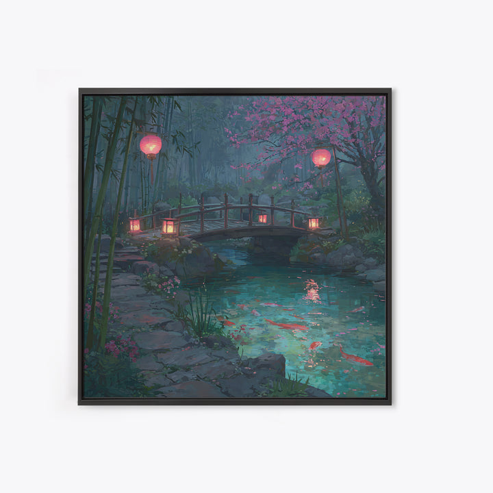 Serene Japanese Garden With Koi Fish And Lanterns Wall Art For Tranquil Home Decor Framed Canvas Print