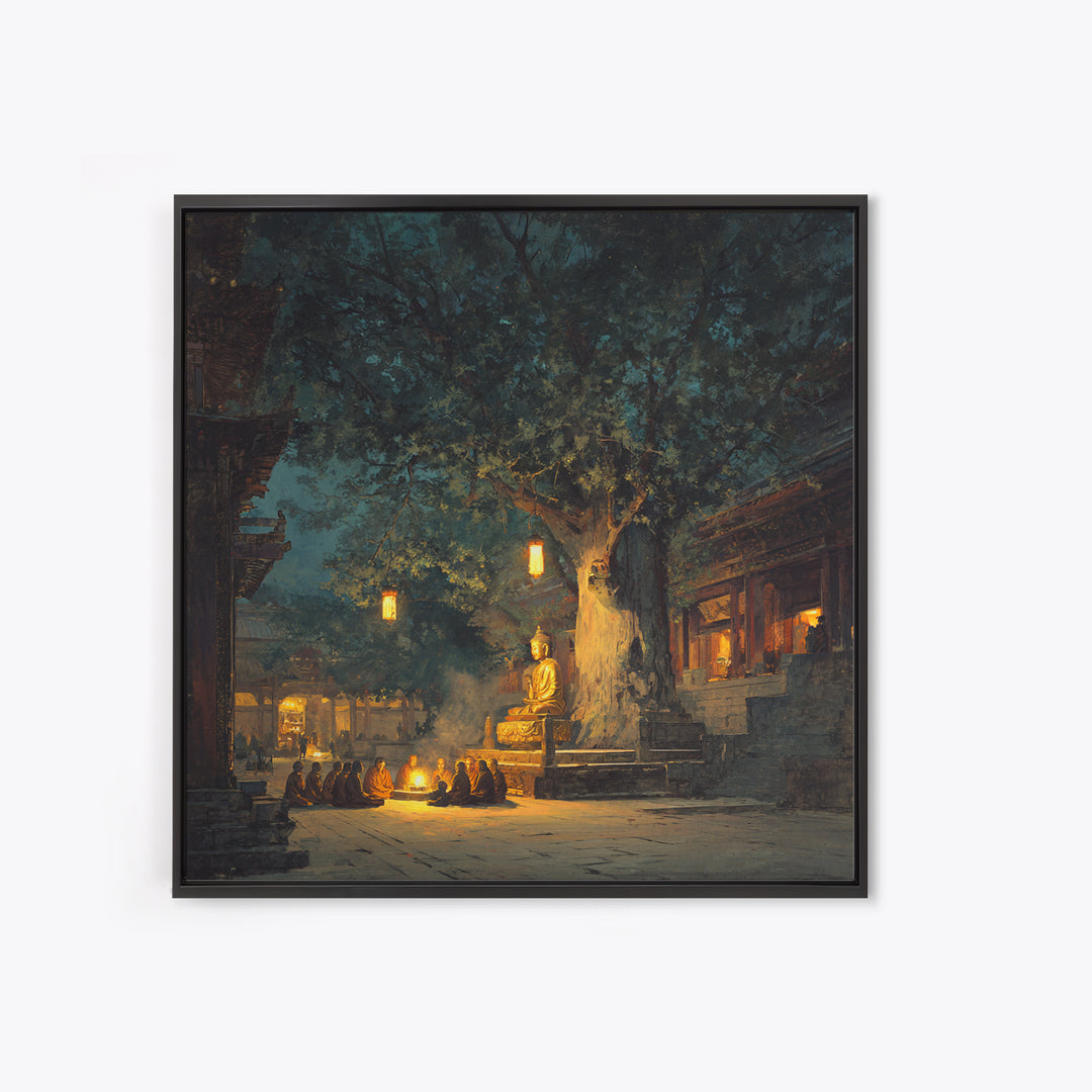 Moonlit Temple Gathering Wall Art, Mystical Night Buddha Landscape Canvas Print, Moody Spiritual Home Decor