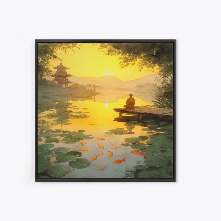 Golden Sunset Zen Lake With Koi And Temple Landscape Wall Art, Peaceful Japanese Decor Framed Canvas Print
