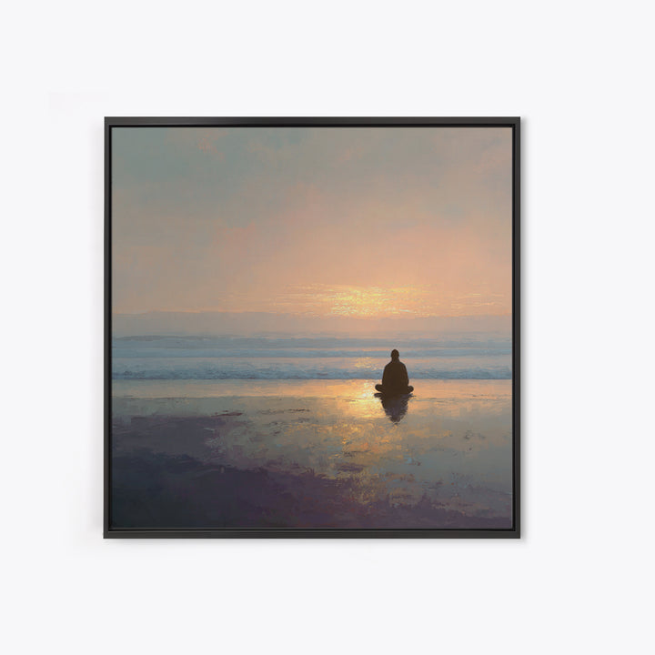 Meditation On Beach At Sunrise Wall Art, Minimalist Zen Seascape Canvas Print For Calming Bedroom Or Yoga Room Decor