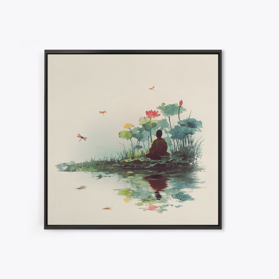 Meditation By Lotus Pond Wall Art, Peaceful Watercolor Landscape, Zen Mindfulness Decor, Yoga Studio Framed Canvas Print