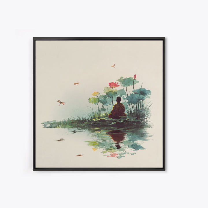 Meditation By Lotus Pond Wall Art, Peaceful Watercolor Landscape, Zen Mindfulness Decor, Yoga Studio Framed Canvas Print