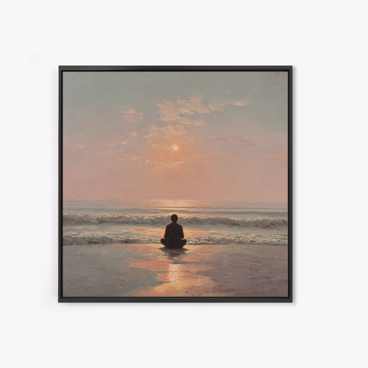 Sunset Beach Meditation Figure Wall Art, Serene Mindfulness Canvas Print, Calming Coastal Zen Bedroom Decor