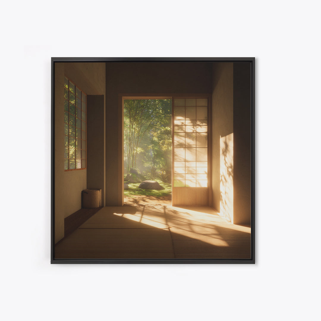 Minimal Japandi Zen Room With Garden View Wall Art, Serene Japanese Interior Framed Canvas Print