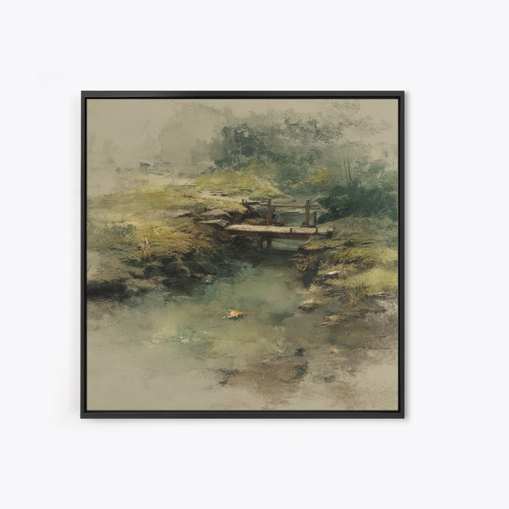 Misty Creek With Wooden Footbridge Watercolor Landscape Wall Art, Soft Nature Painting Print, Calming Home Decor Bedroom Art