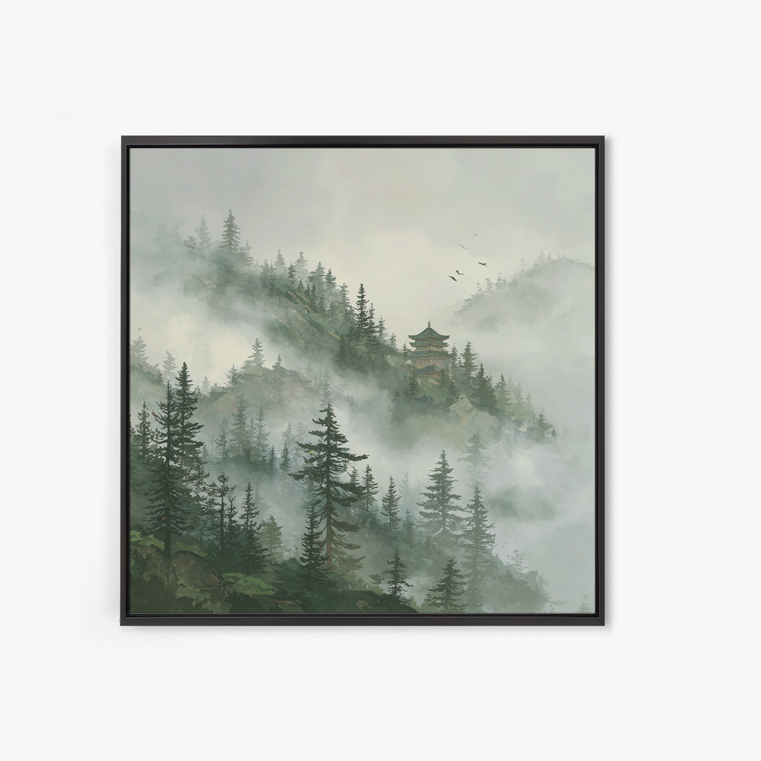 Misty Pine Forest With Distant Temple Painting Wall Art, Tranquil Mountain Landscape Print, Zen Japandi Nature Decor
