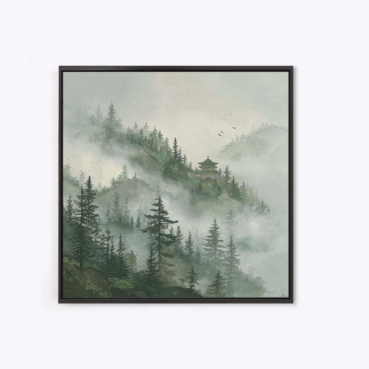Misty Pine Forest With Distant Temple Painting Wall Art, Tranquil Mountain Landscape Print, Zen Japandi Nature Decor