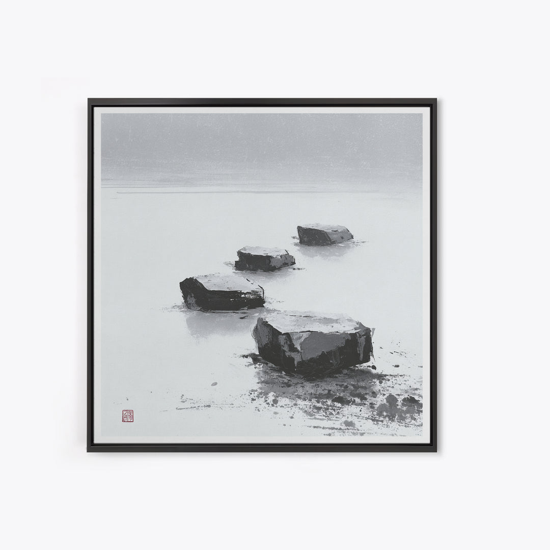 Minimal Zen Stepping Stones Wall Art, Black And White Japanese Canvas Print, Calming Wabi Sabi Decor For Home