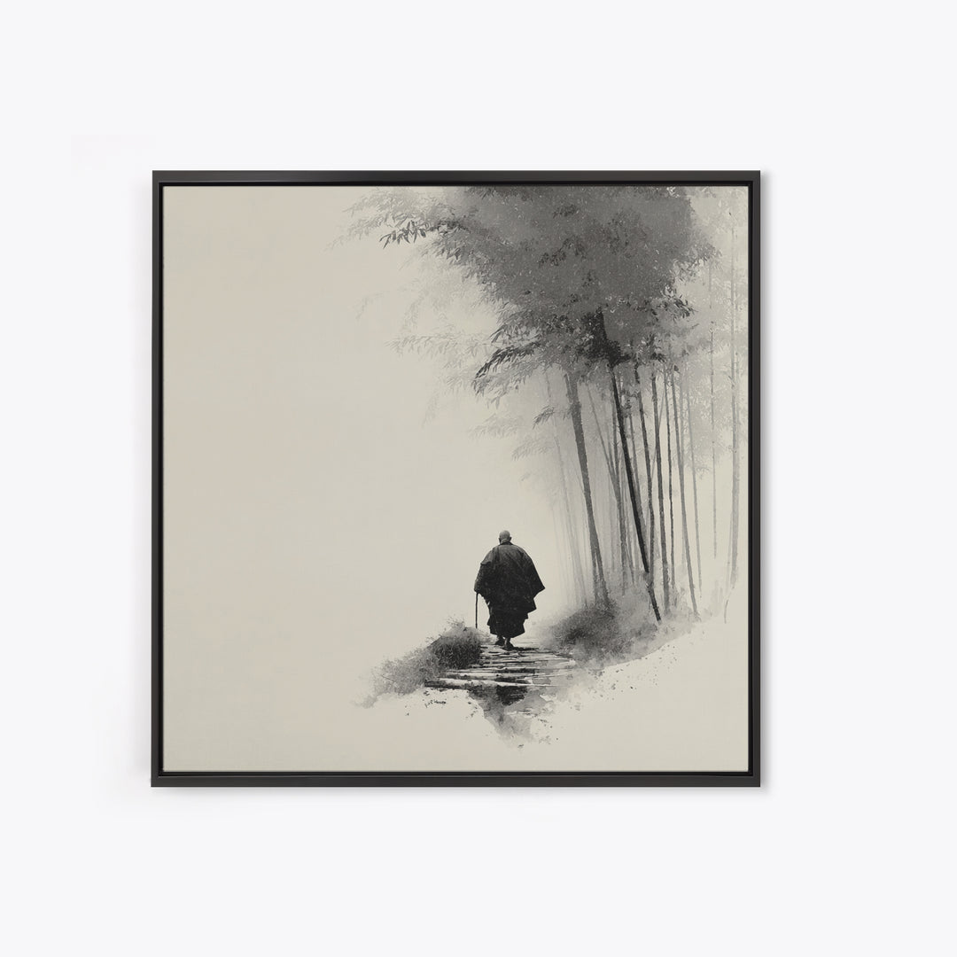 Minimalist Zen Monk Walking In Bamboo Fog Japanese Wall Art Black And White Print Japandi Decor Calming Wabi Sabi Artwork