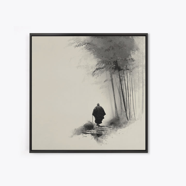 Minimalist Zen Monk Walking In Bamboo Fog Japanese Wall Art Black And White Print Japandi Decor Calming Wabi Sabi Artwork