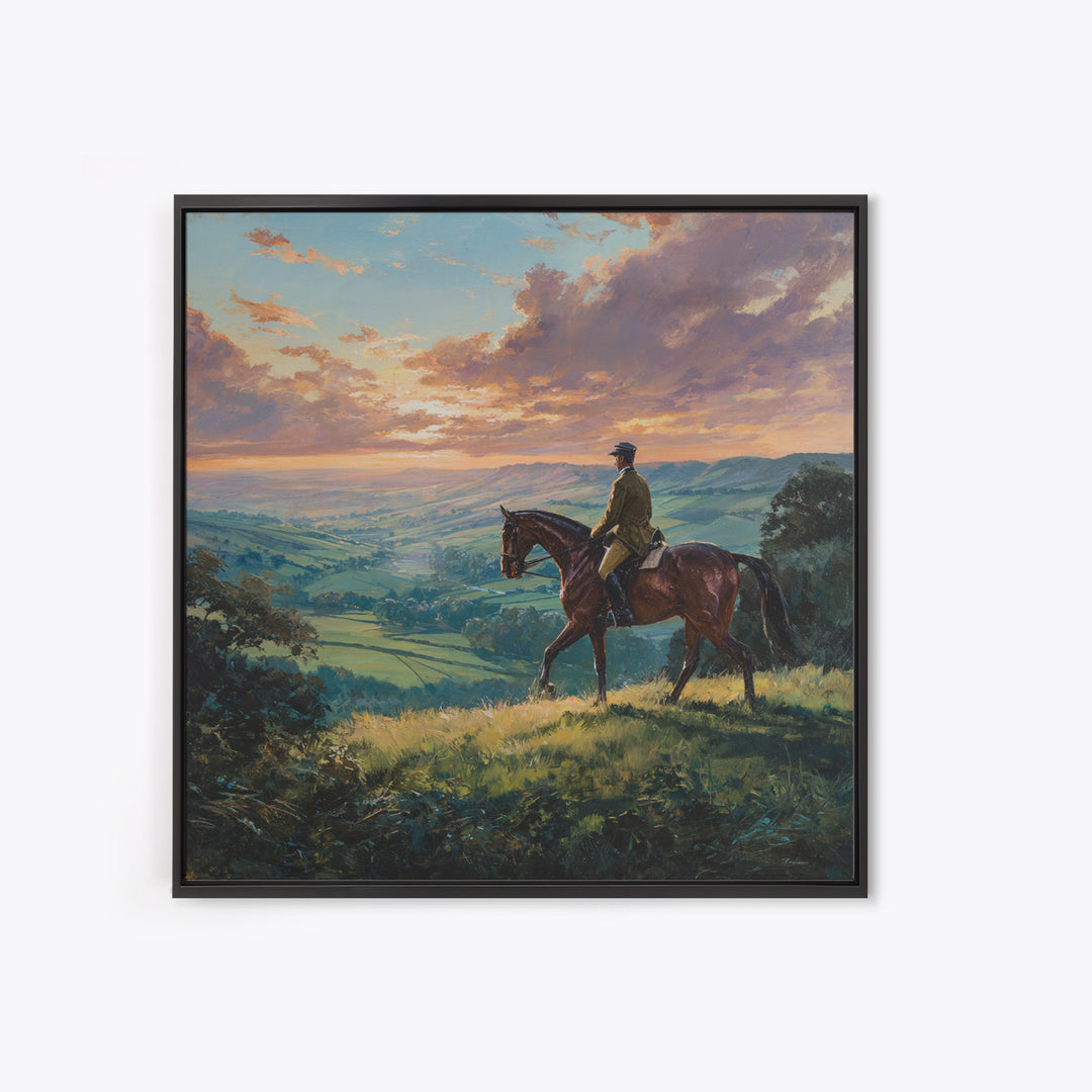 Equestrian Rider Over Rolling Countryside Wall Art, Sunset Landscape Painting, Horse Lover Decor, English Country Wall Art