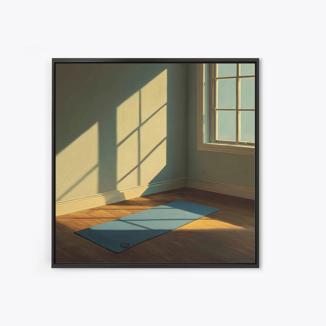 Minimal Sunlit Yoga Mat Wall Art, Serene Morning Light Framed Canvas Print, Mindful Home Decor, Zen Meditation Space