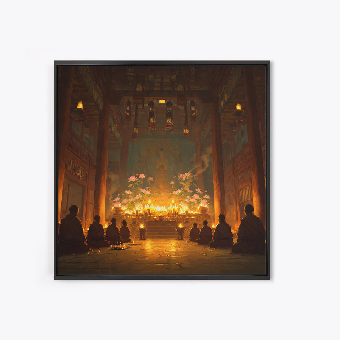 Golden Temple Meditation Wall Art, Monks And Candles Spiritual Print, Zen Decor, Calming Asian Inspired Artwork For Living Room Or Altar